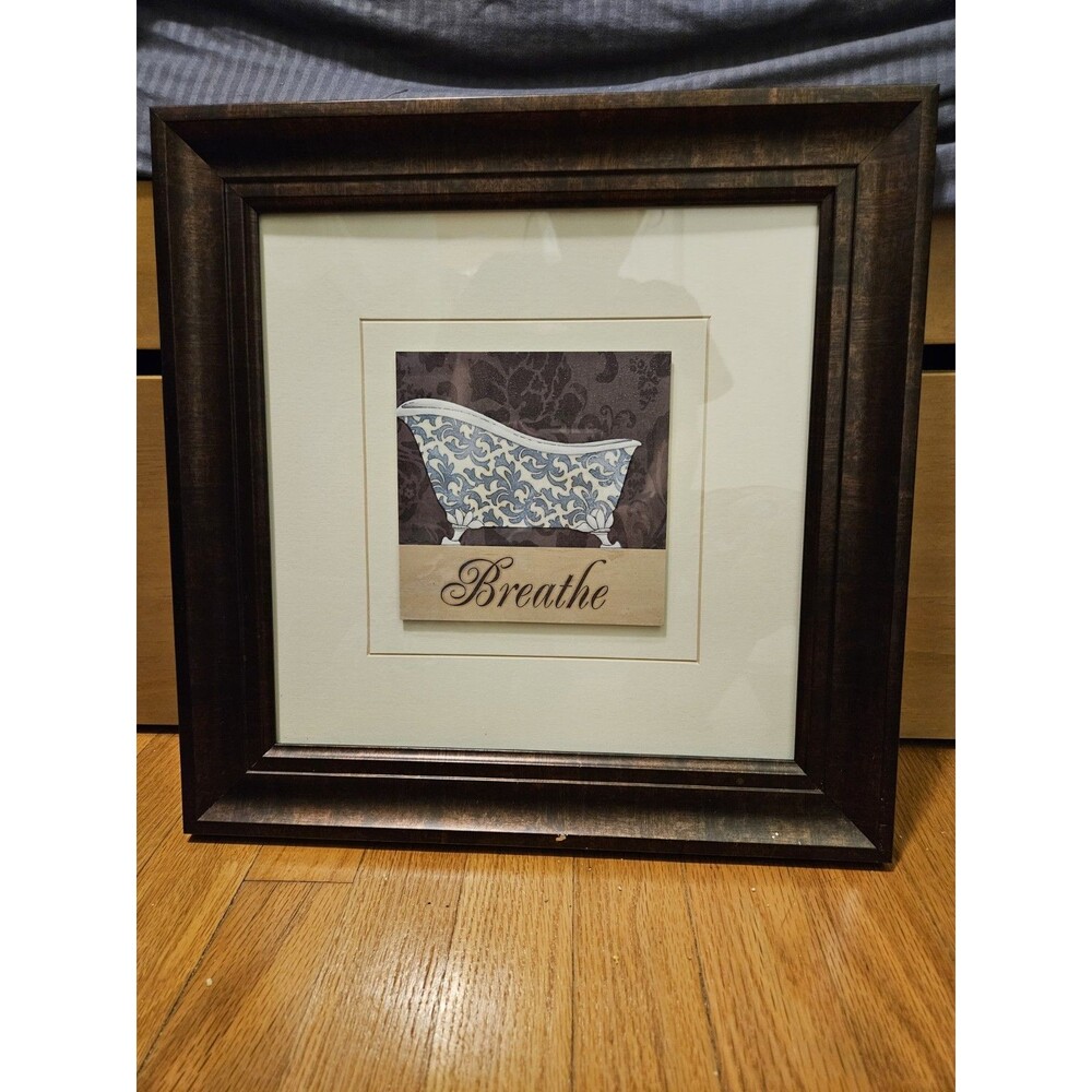 Blue & White Fleur De Lis French Bathtub Breathe Print Matted & Framed 15"x15"